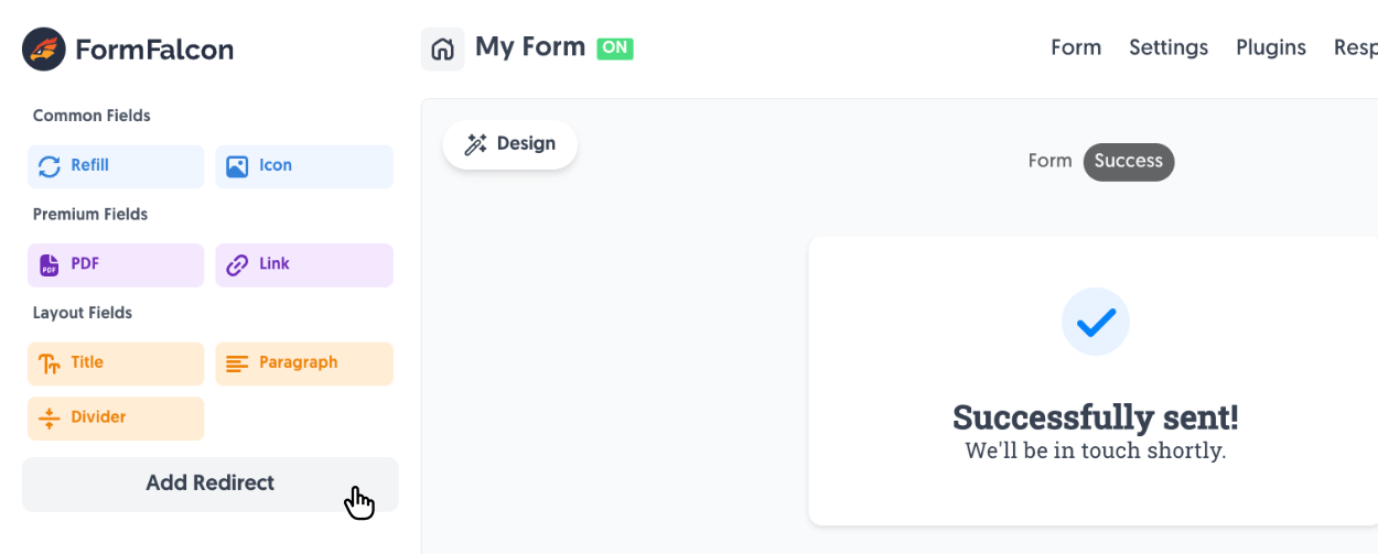 Clicking the 'Add Redirect' button inside Fun Forms's form editor