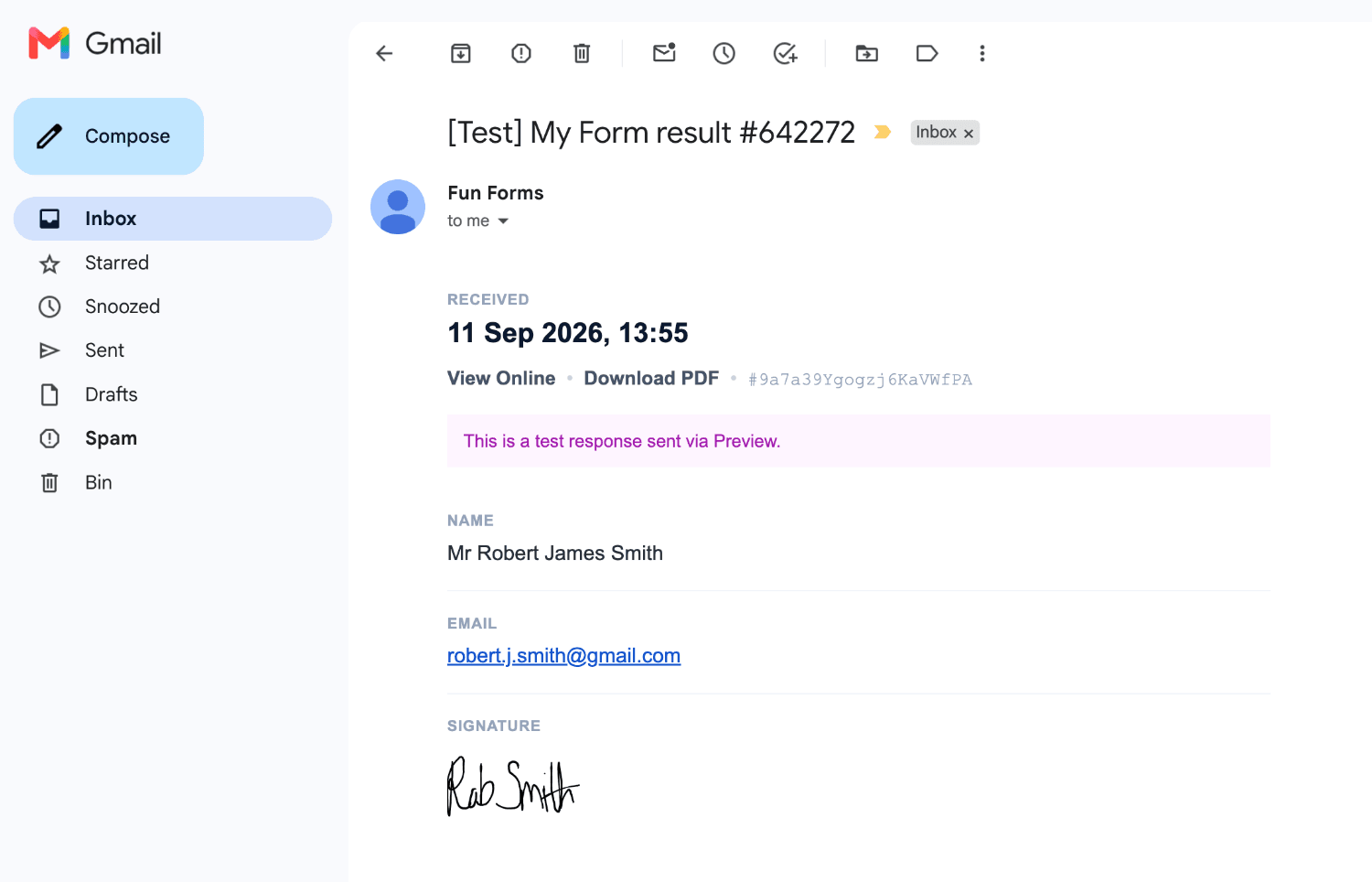 Example Email Result showing a Test result banner from Live Preview