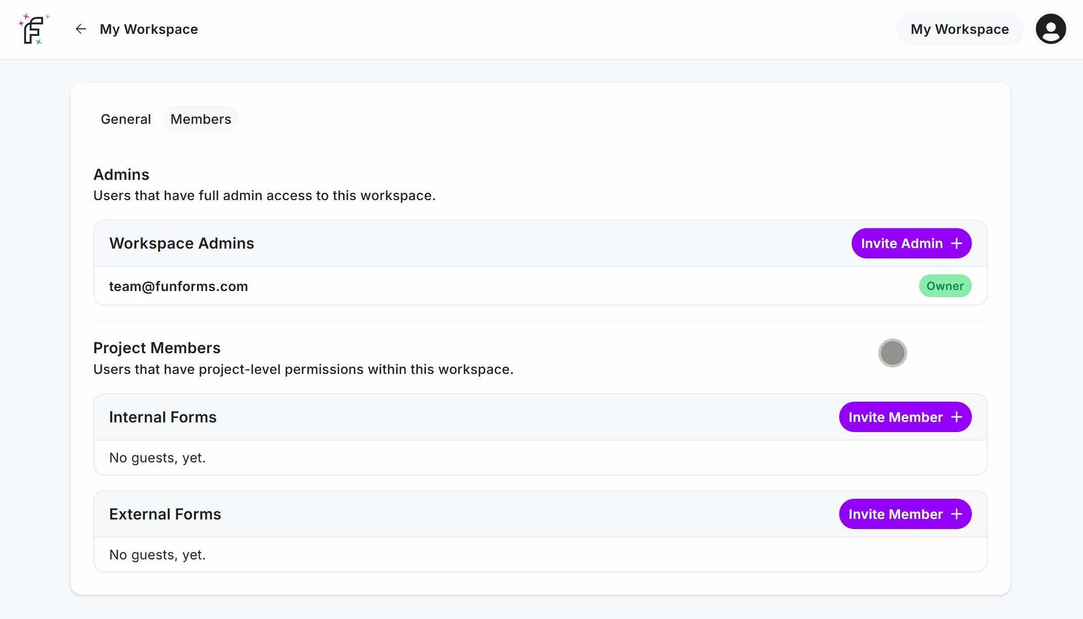 Clicking the 'Invite Member' button within your Fun Forms Workspace and sending an invite