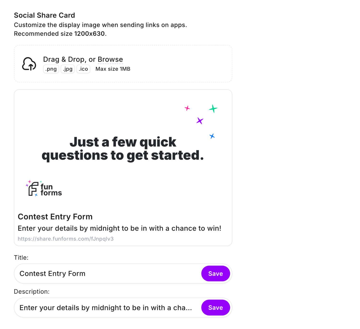 Viewing the custom social share title, description and image upload fields in the 'Sharing' settings