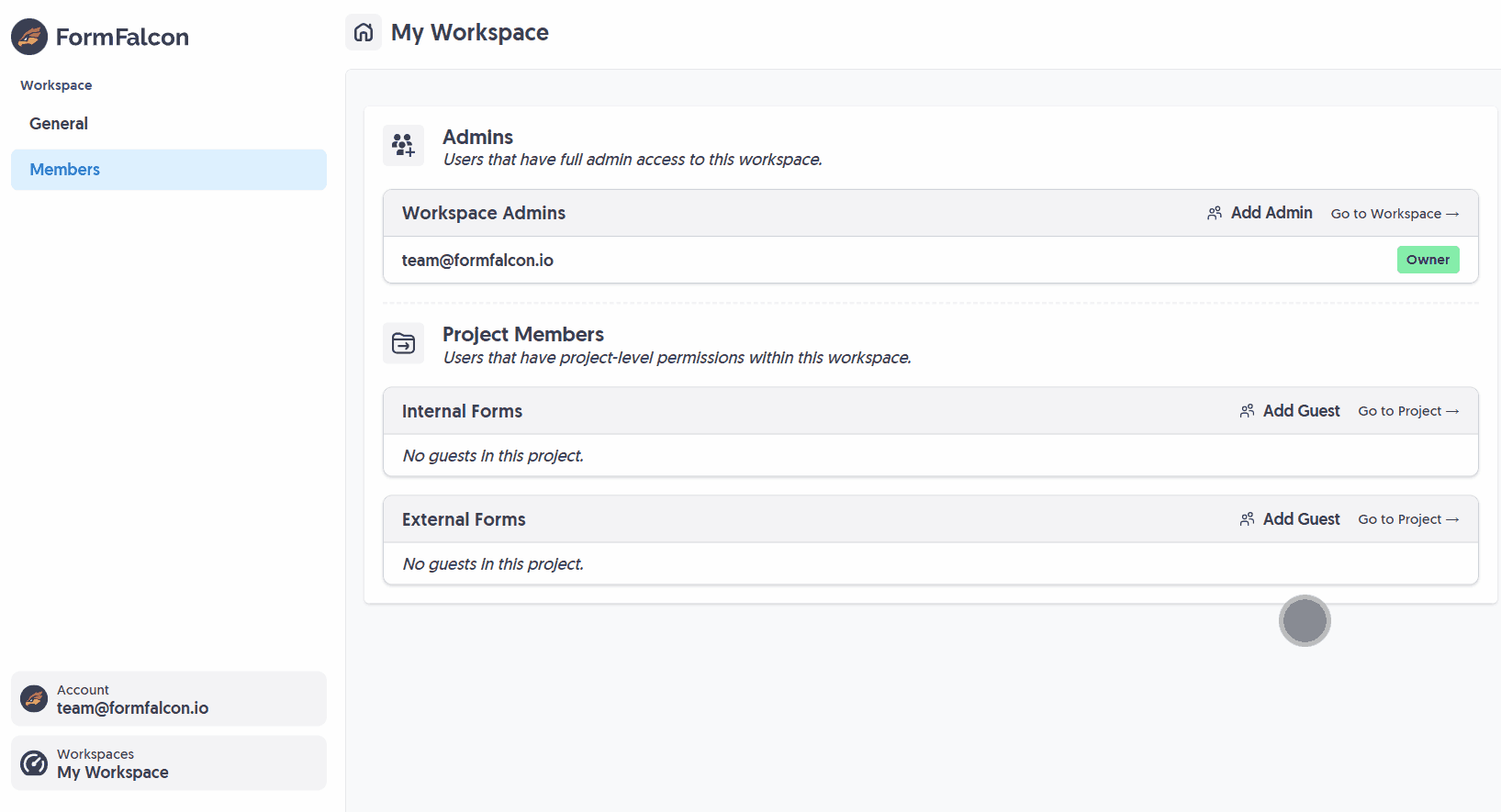 Clicking the 'Add Guest' button within your Fun Forms Workspace and sending an invite