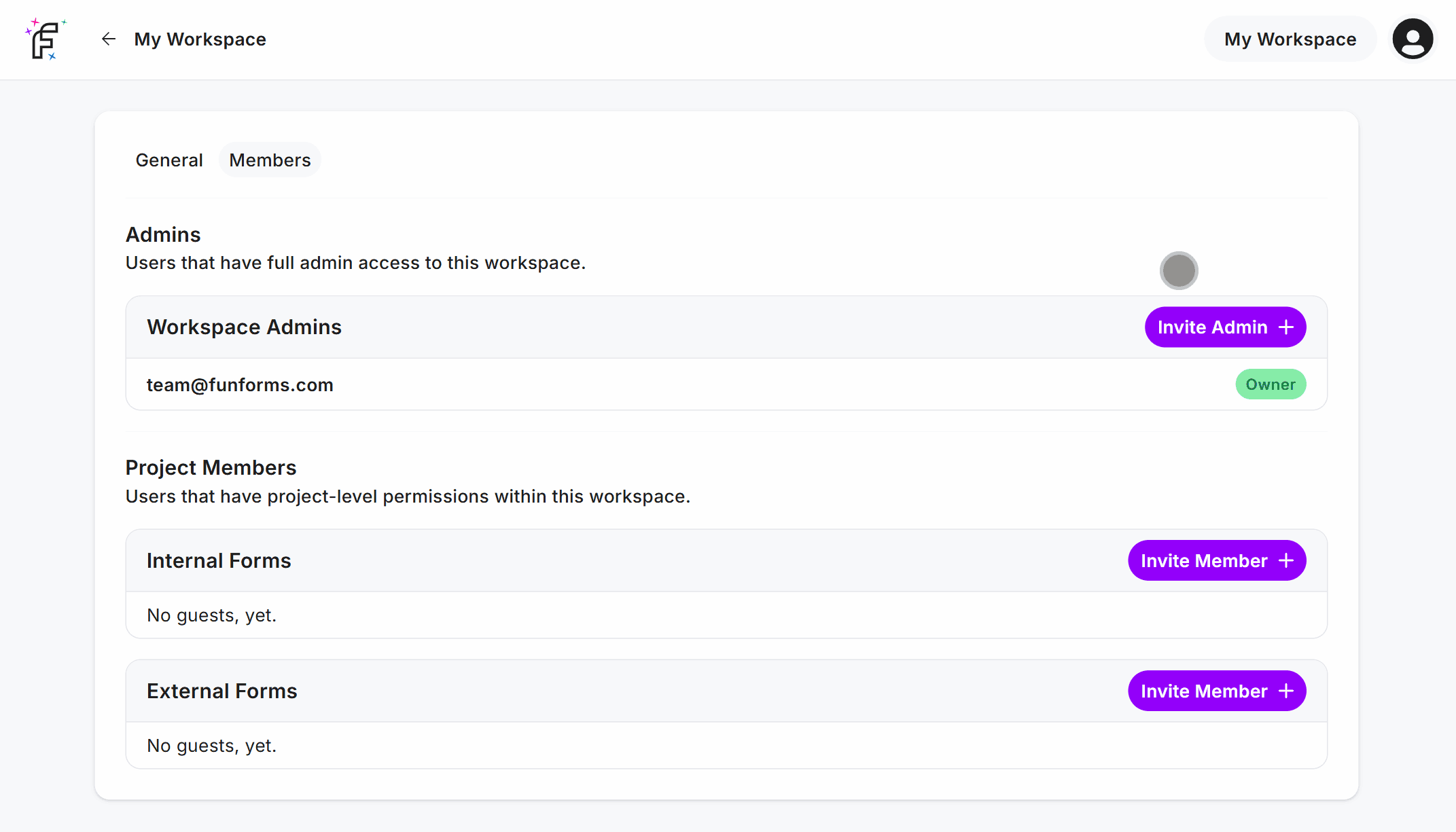 Clicking the 'Invite Admin' button within your Fun Forms Workspace and sending an invite