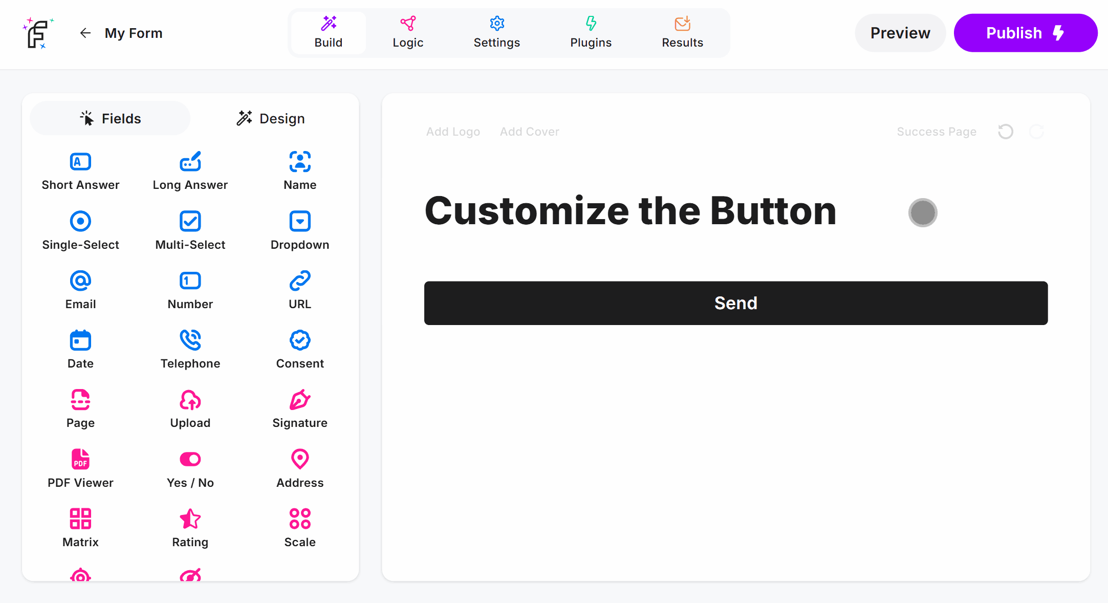 Changing the Label and Sending Label options inside the Button field editor