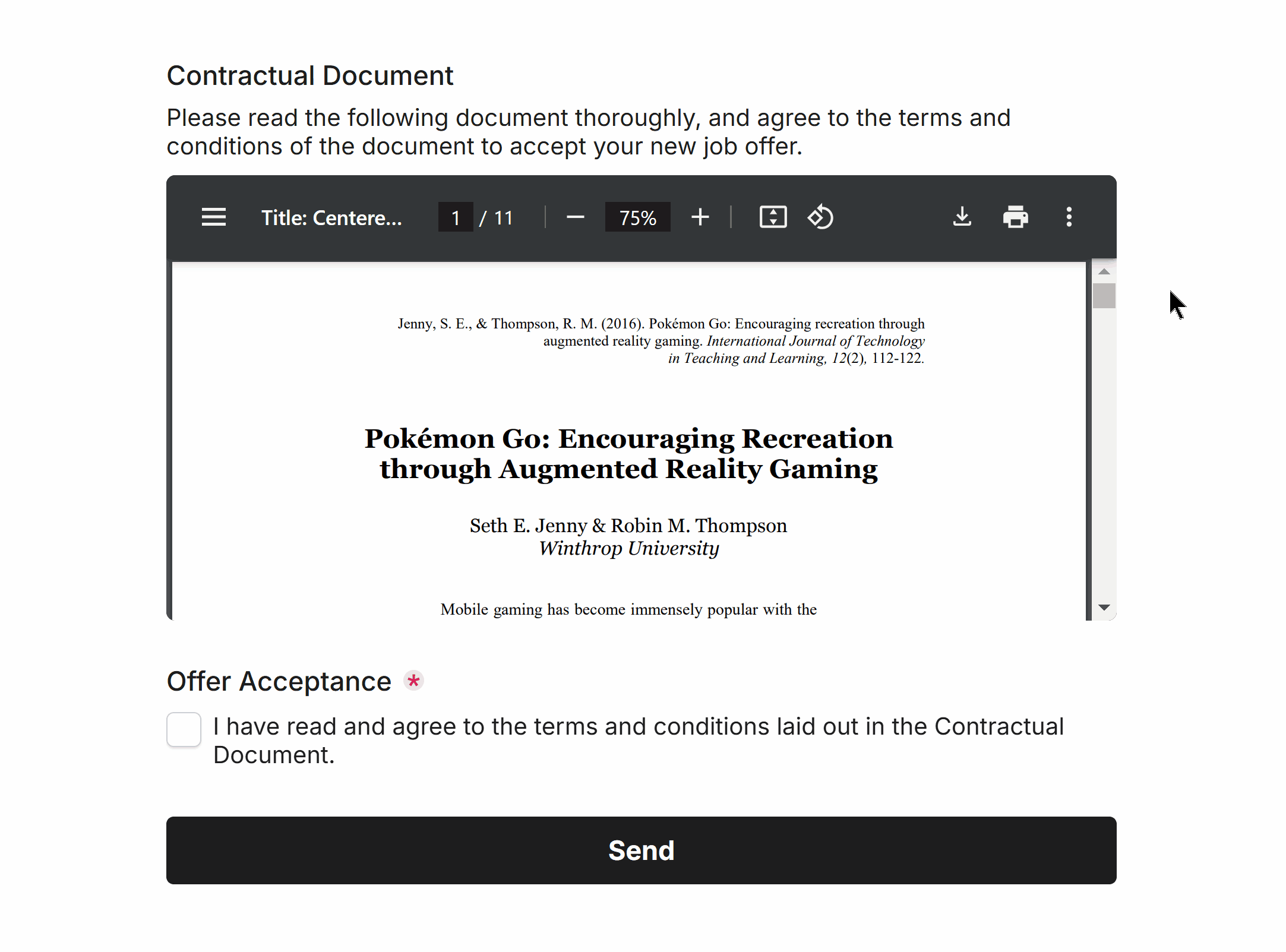 PDF Viewer field above the Consent field demonstrating embedded PDF documents above an agreement checkbox