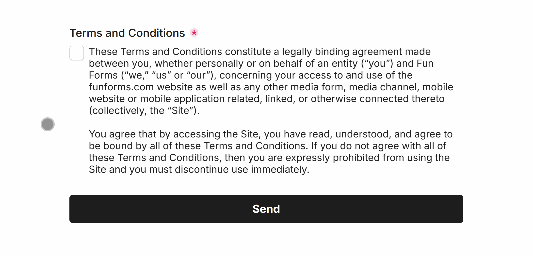 Inline consent text to demonstrate how you can break agreement text into paragraphs and link to external documents if necessary.