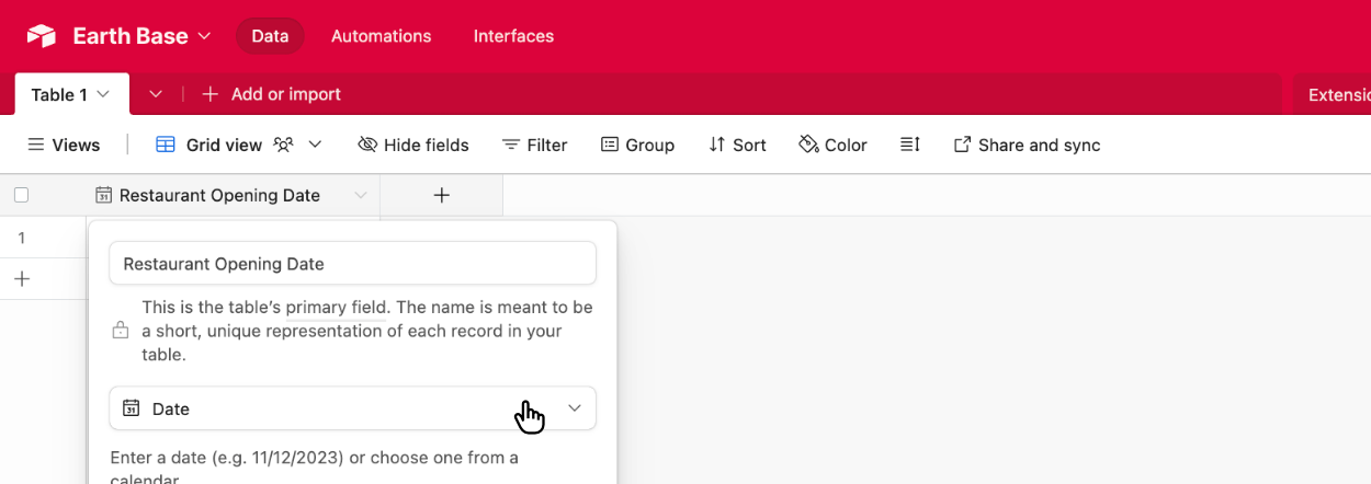Choosing the Airtable field type of 'Date'