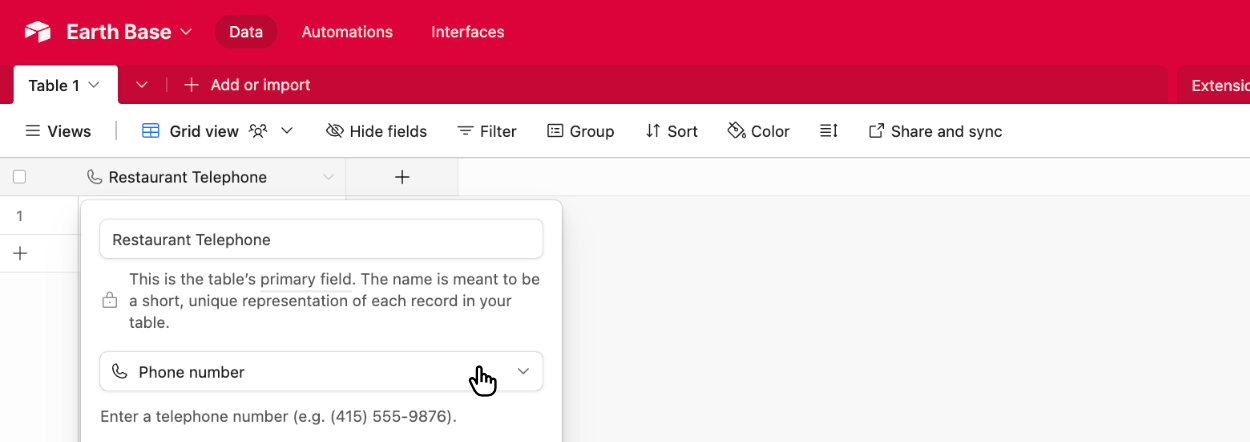 Choosing the Airtable field type of 'Phone Number'