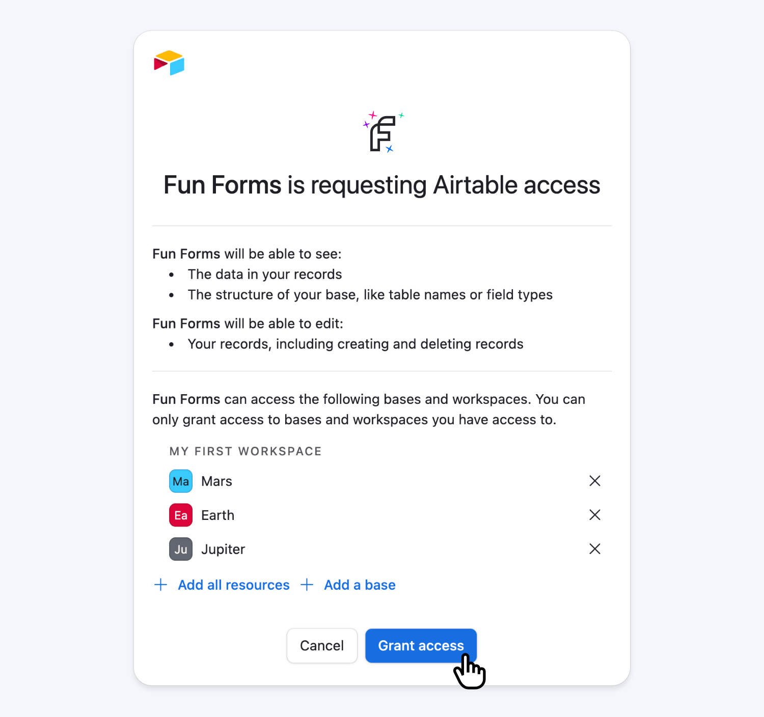 Connect to Airtable Authentication and select your account and bases