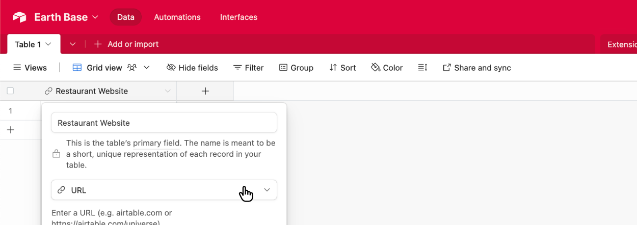 Choosing the Airtable field type of 'URL'