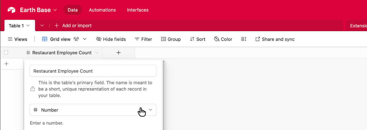 Choosing the Airtable field type of 'Number'