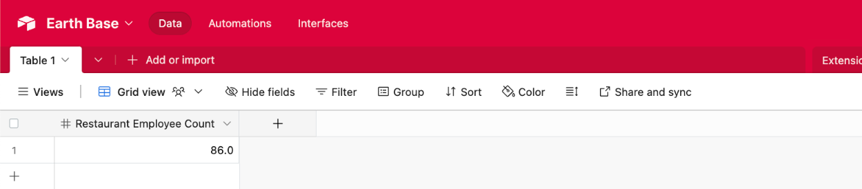 Viewing the Airtable field type of 'Number' with newly added form data