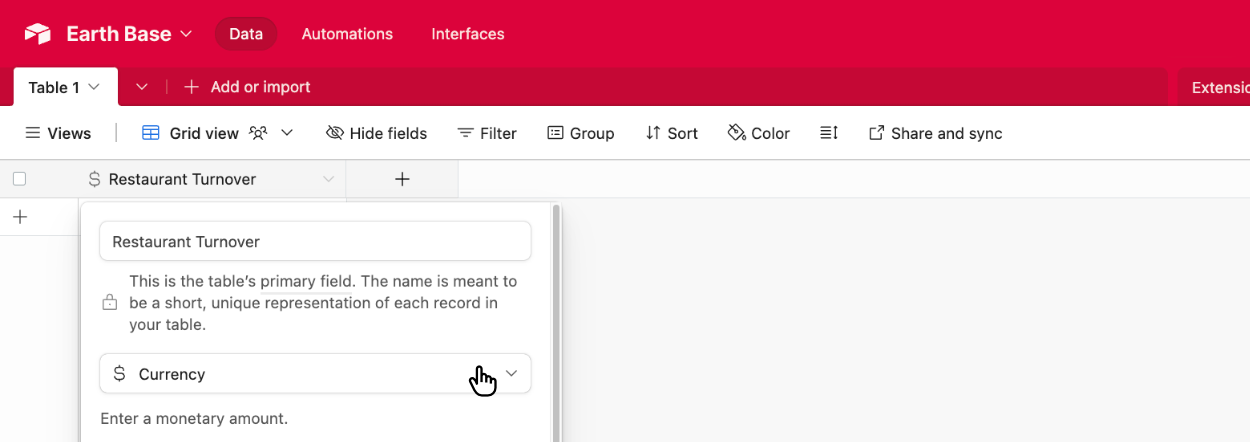 Choosing the Airtable field type of 'Currency'