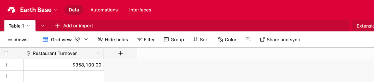 Viewing the Airtable field type of 'Currency' with newly added form data