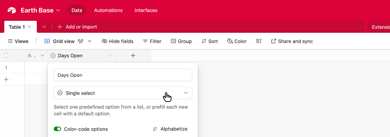 Choosing the Airtable field type of 'Single select'