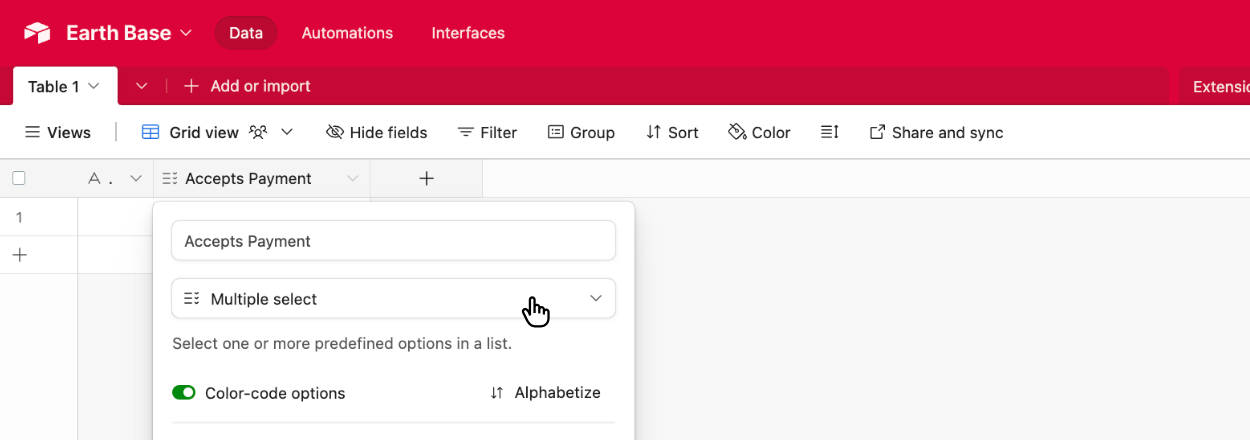 Choosing the Airtable field type of 'Multiple select'