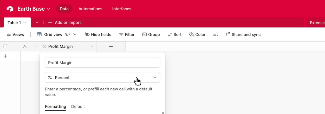 Choosing the Airtable field type of 'Percentage'