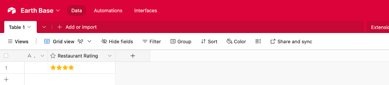 Viewing the Airtable field type of 'Rating' with newly added form data