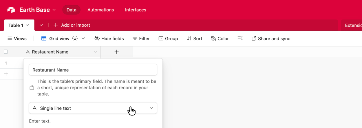 Choosing the Airtable field type of 'Single line text'