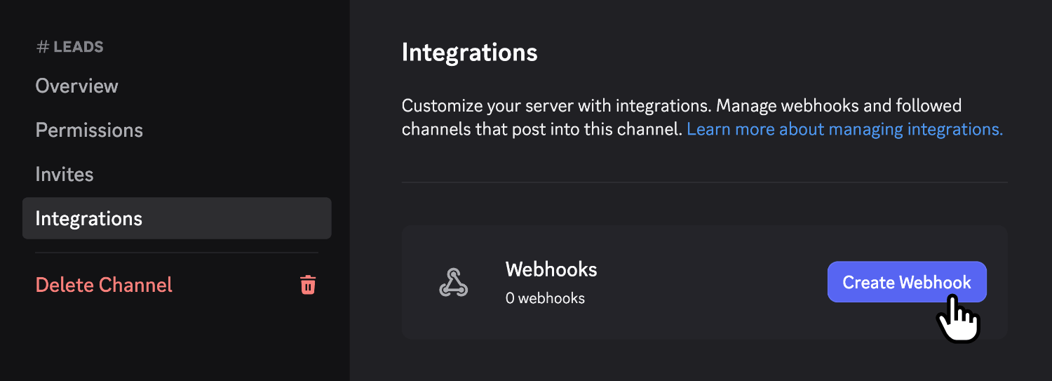 Navigating to the 'Integrations' tab in Discord and clicking 'Create Webhook'