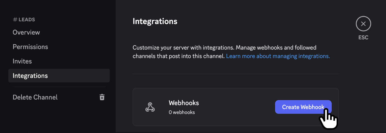 Navigating to the 'Integrations' tab in Discord and clicking 'Create Webhook'