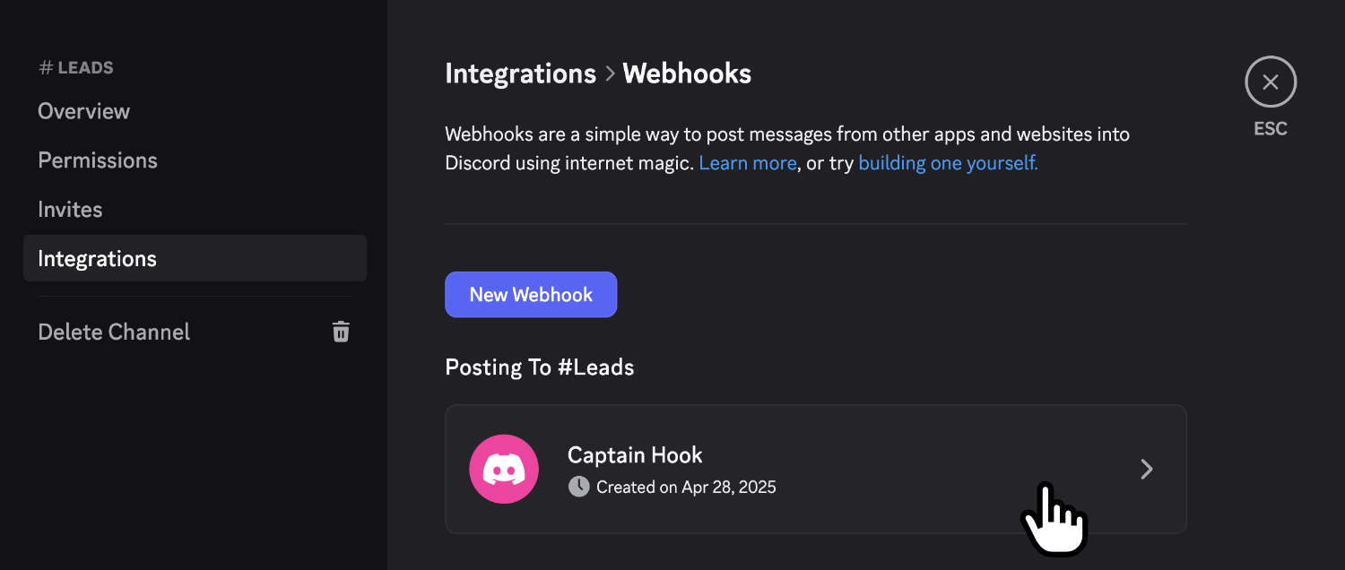 Clicking on the newly created webhook to get the unique webhook URL