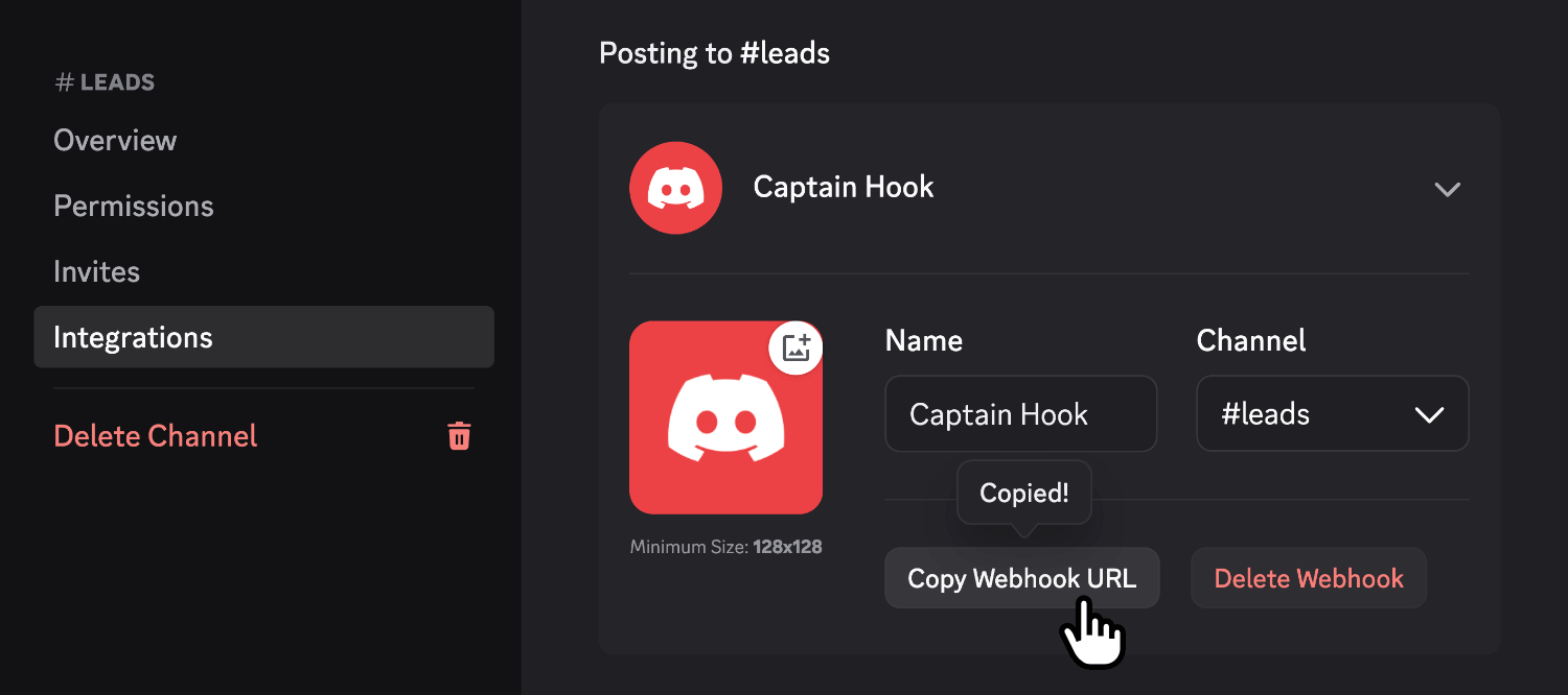 Copying the new webhook URL ready to paste back in the Discord Plugin