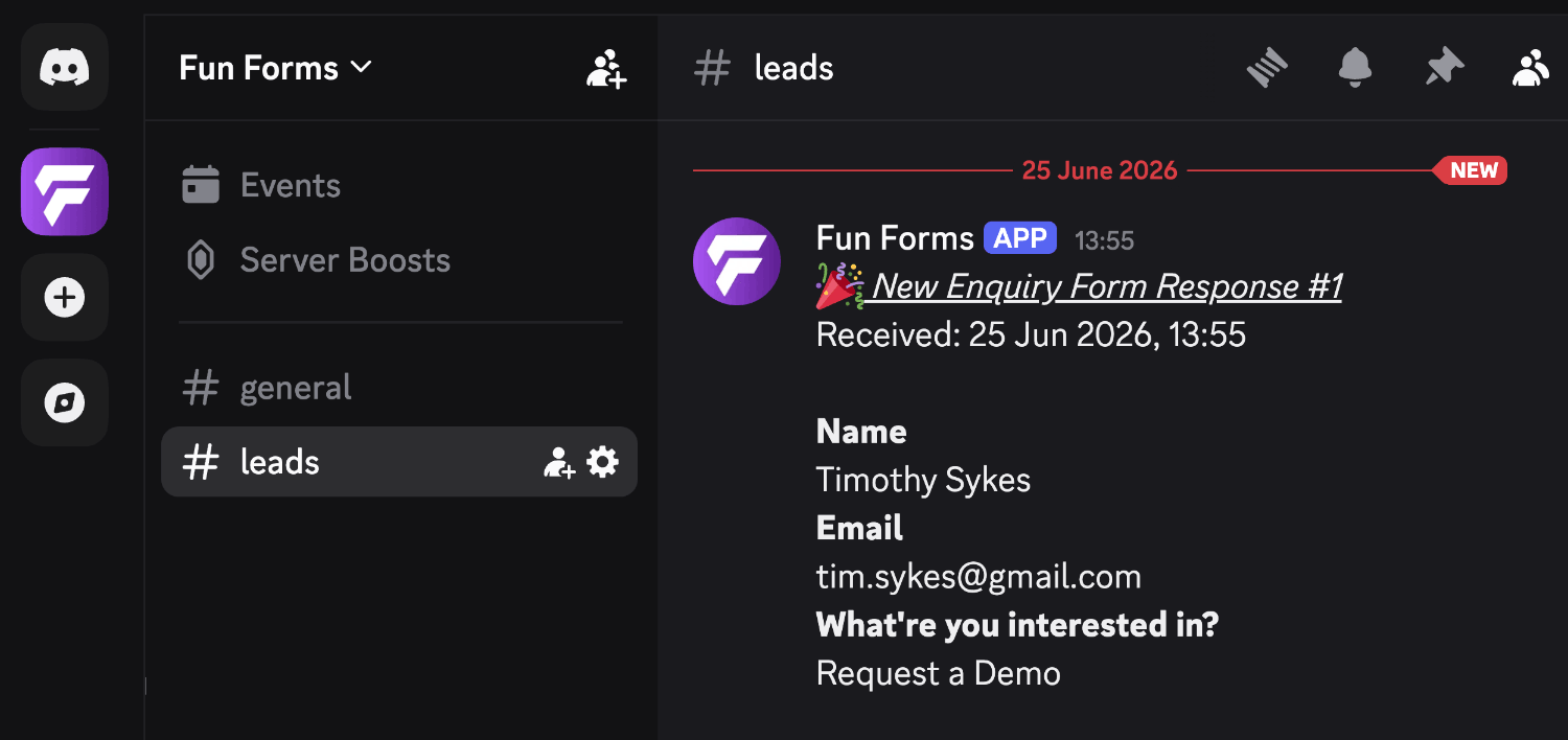 Example form result sent to Discord's app from Fun Forms
