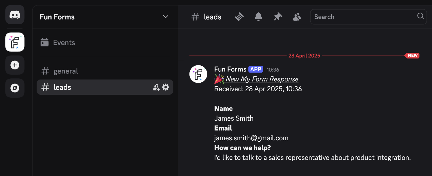 Example form result sent to Discord's app from Fun Forms