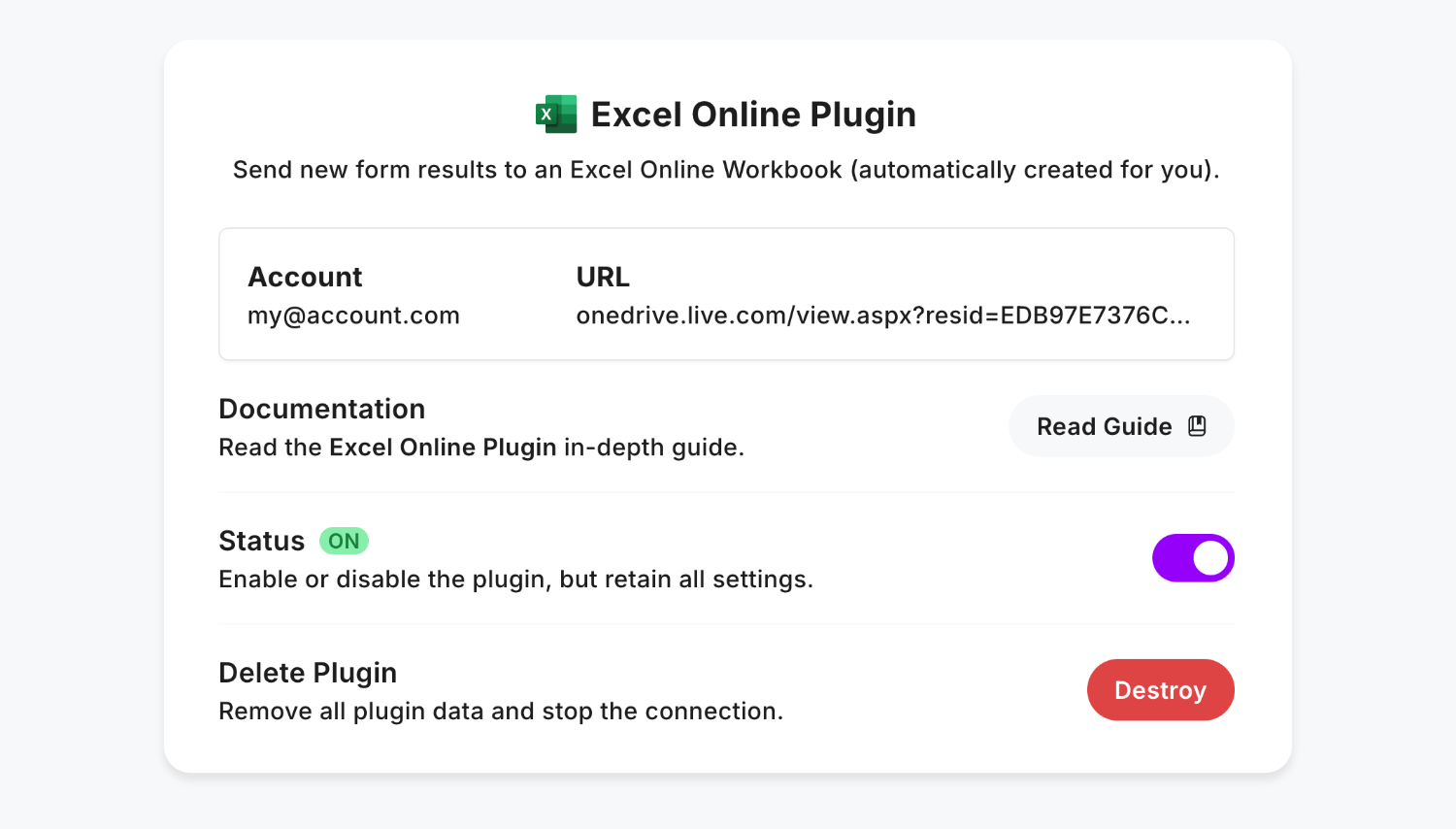 Linked to Excel Online Plugin demonstrates the automatically created spreadsheet and plugin options