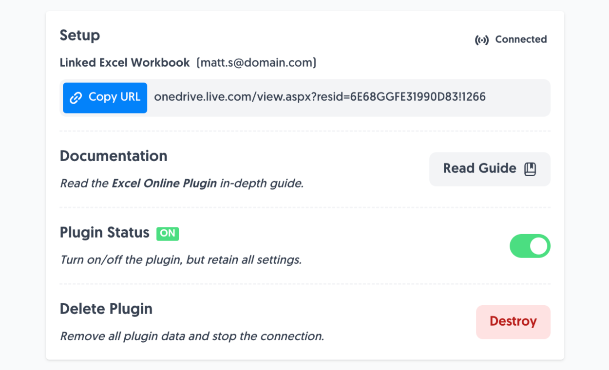 Linked to Excel Online Plugin demonstrates the automatically created spreadsheet and plugin options