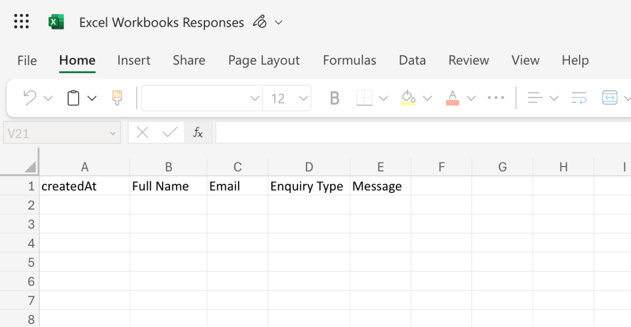 Excel Workbook showing the form labels populated as column titles with additional createdAt timestamp