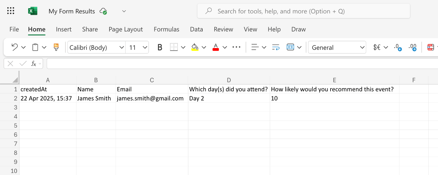 Excel Workbook showing a form result added to the document after sending a test result