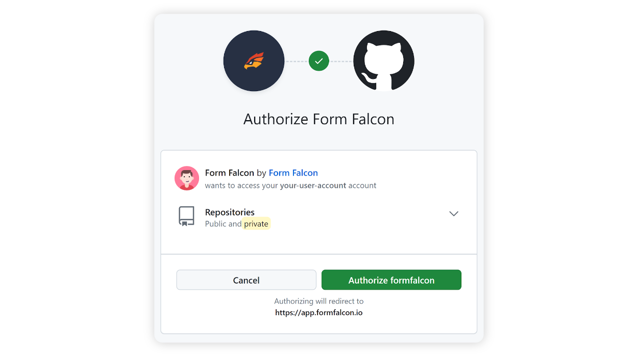 Connect to GitHub Authorization and select your account and repositories to grant access