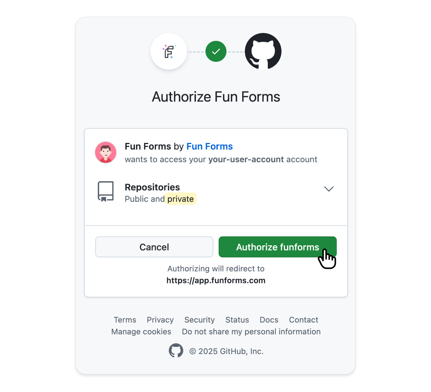 Connect to GitHub Authorization and select your account and repositories to grant access