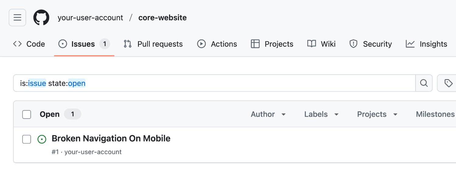 Viewing the newly created GitHub issue inside the GitHub Repository