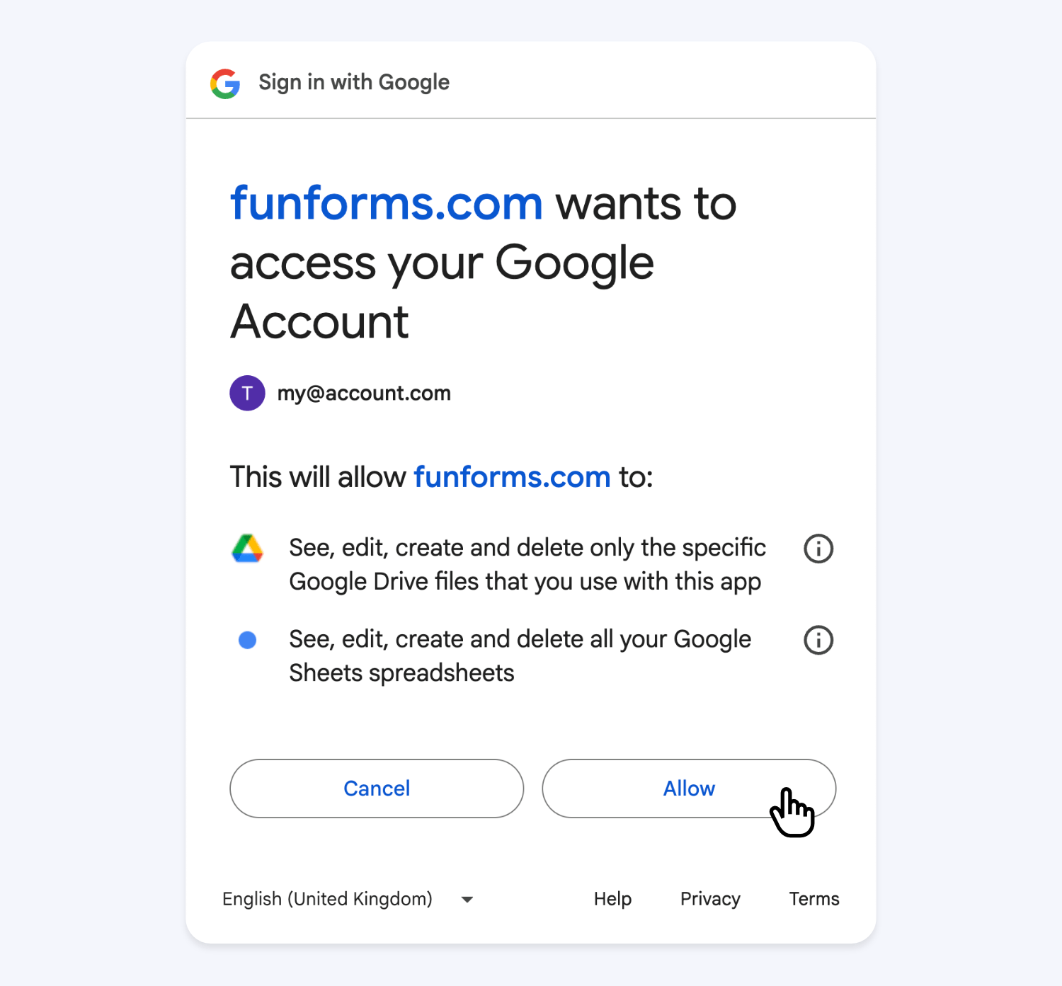 Allow the Google Sheets Plugin access to create and update the Spreadsheet in your Google Drive