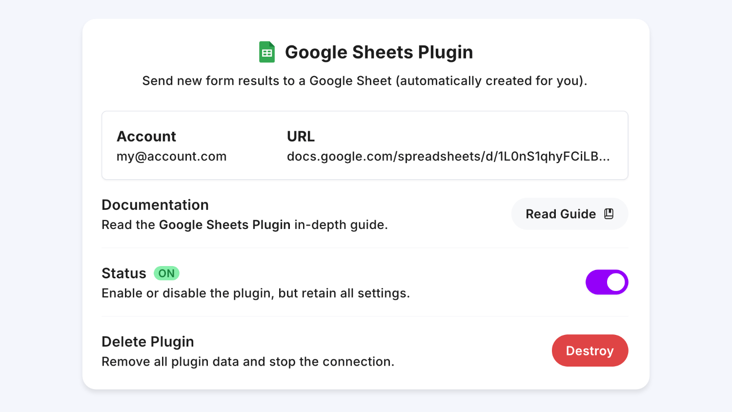 Linked to Google Sheets Plugin demonstrates the automatically created spreadsheet and plugin options