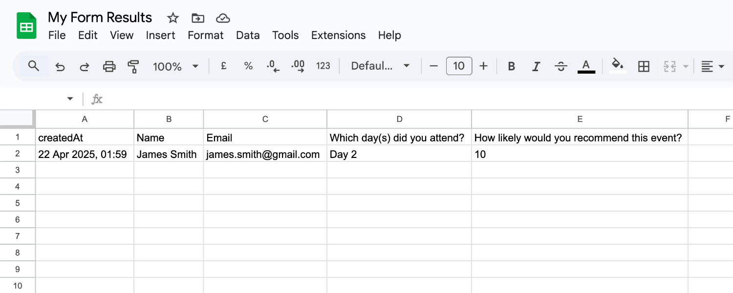 Google Sheet showing a form result added to the document after sending a test result