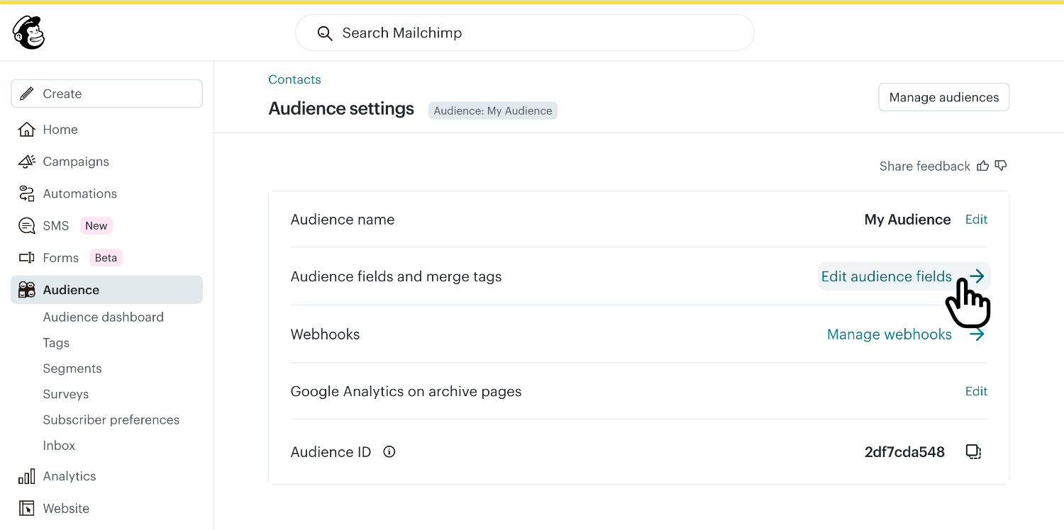 Clicking 'Edit audience fields' in the Mailchimp app to view the merge tags