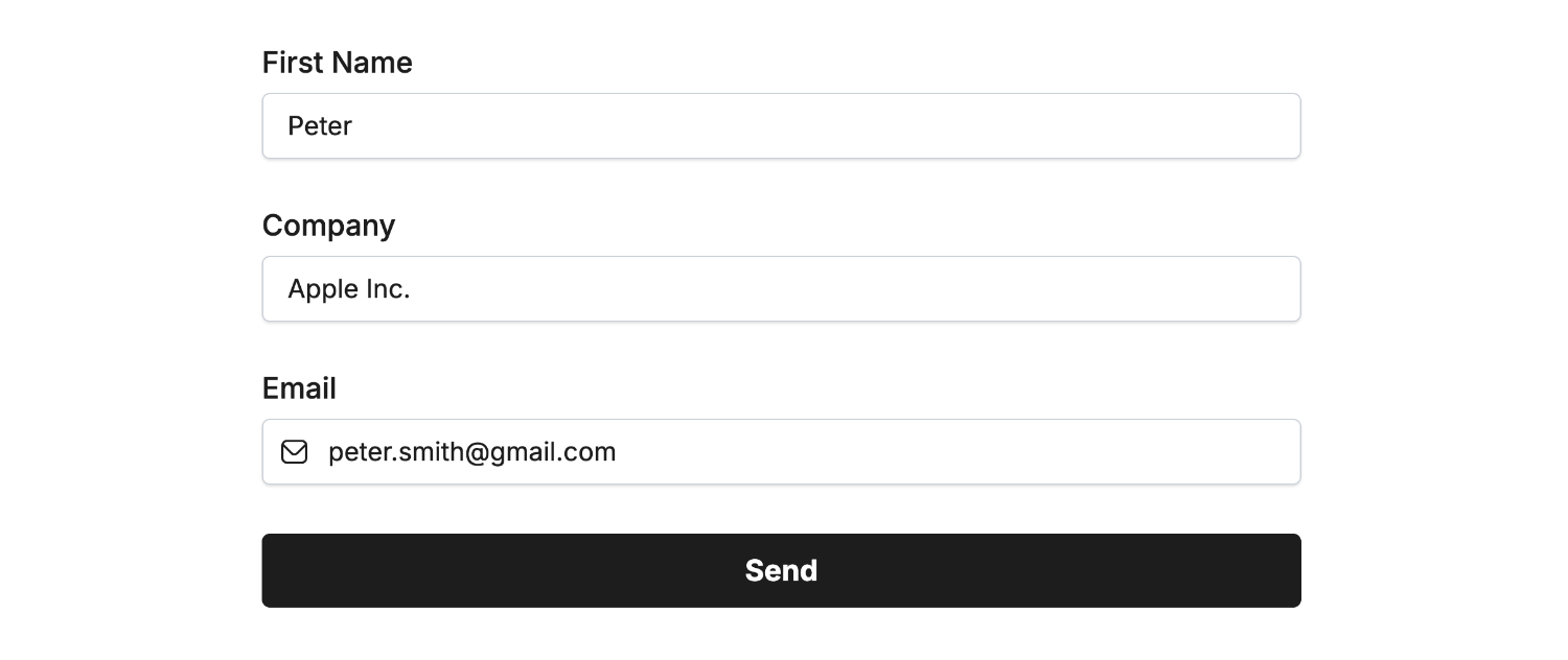 Entering example data in our form for First Name, Company and Email