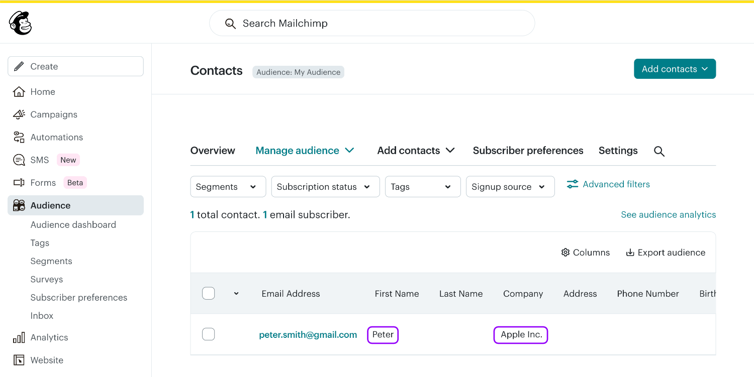 Viewing the Mailchimp extra field metadata for our new subscriber that includes the Company and First Name of the subscriber