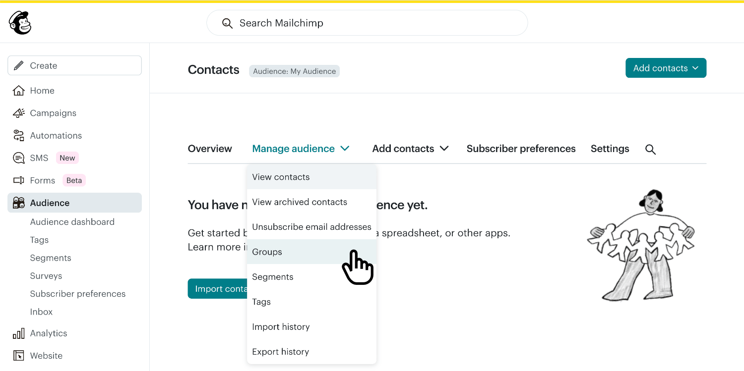 Clicking and viewing the 'Groups' page inside Mailchimp