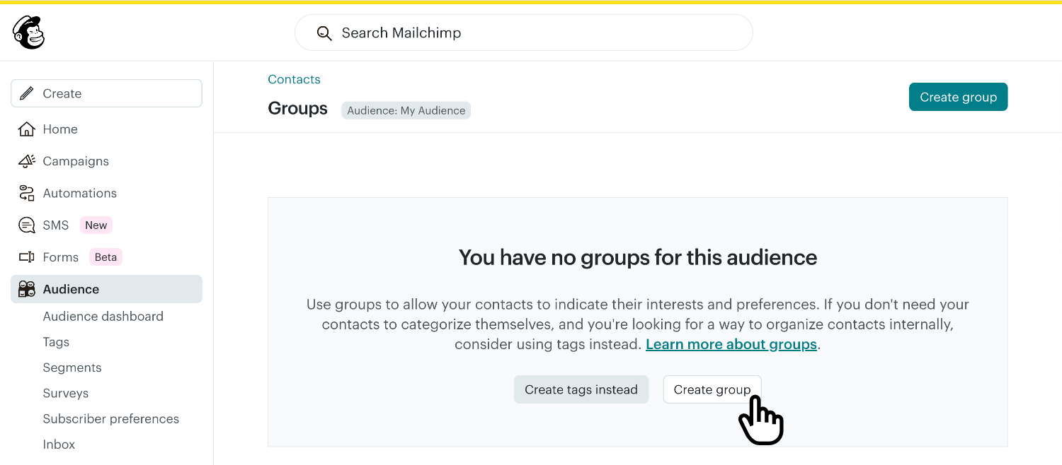 Clicking 'Create group' inside the Mailchimp 'Groups' page'