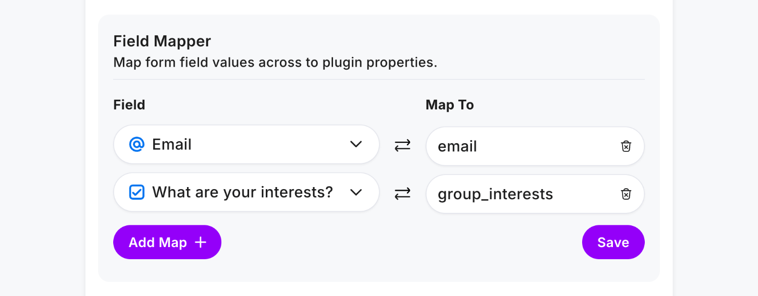 Configuring the Field Mapper to instruct Mailchimp that our Multi-Select Field contains group names via a 'group_interests' value