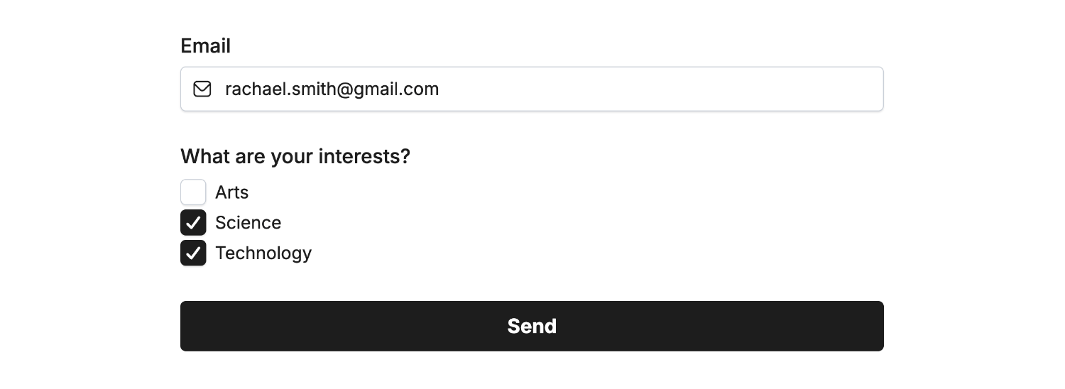 Entering an example email and selecting 'Science' and 'Technology' from the Multi-Select Field options in our form