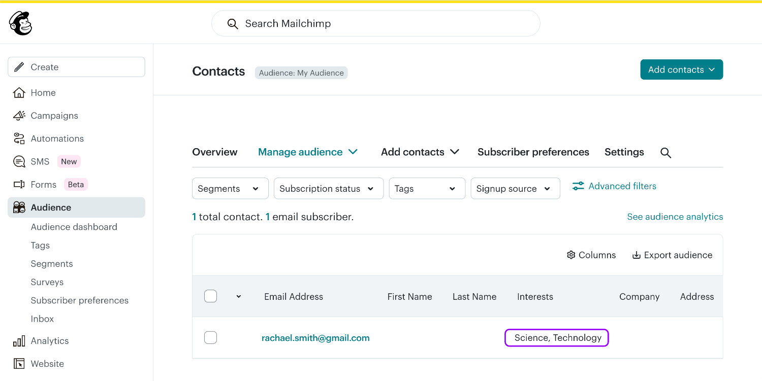 Viewing the new Mailchimp subscriber 'Interests' column displaying their groups of 'Science' and 'Technology'