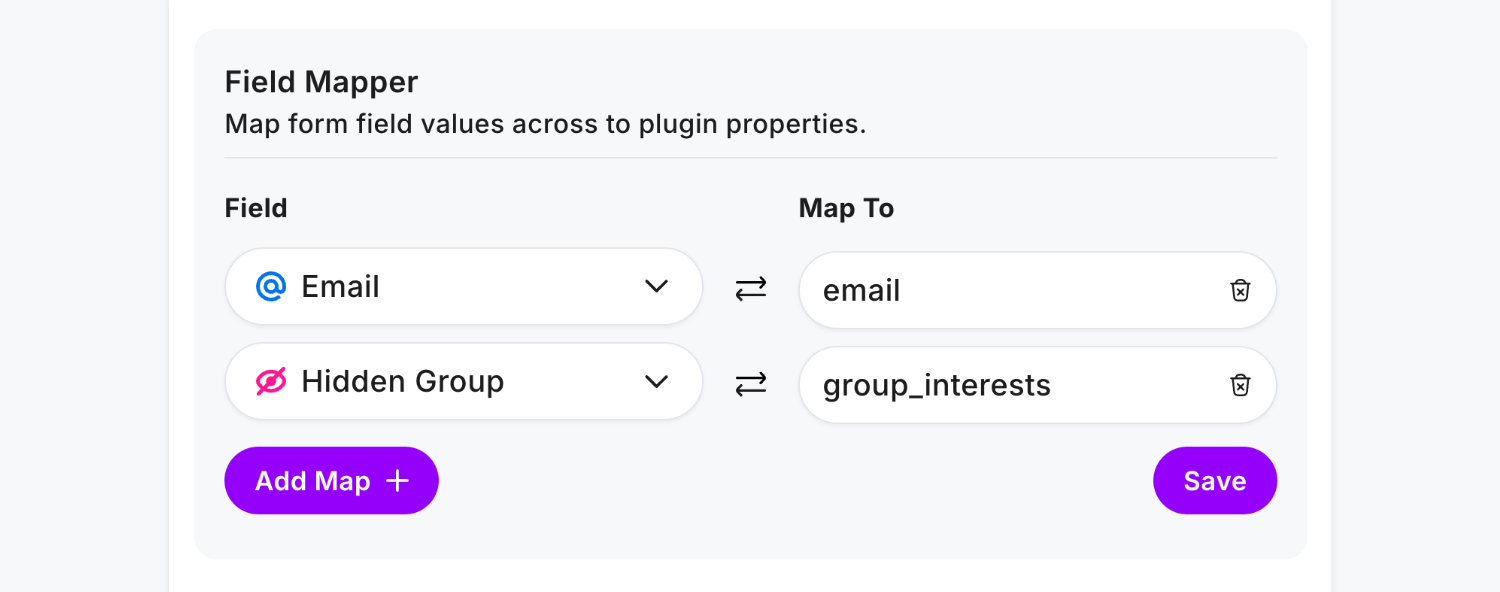 Configuring the Field Mapper to instruct Mailchimp that our Hidden Field contains a group name via a mapping value of 'group_interests'