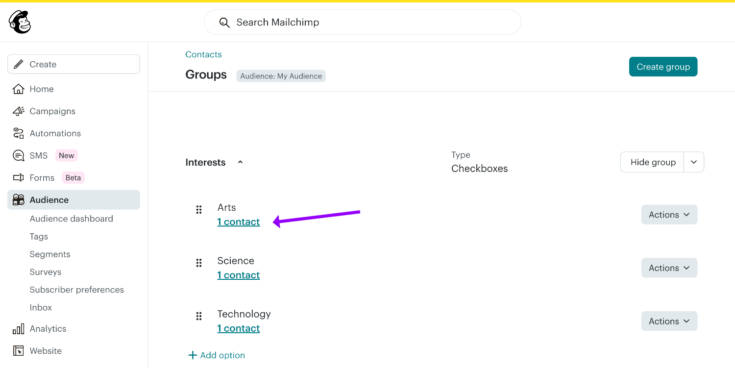 Viewing the Mailchimp groups list with a new subscriber count visible in the 'Arts' group