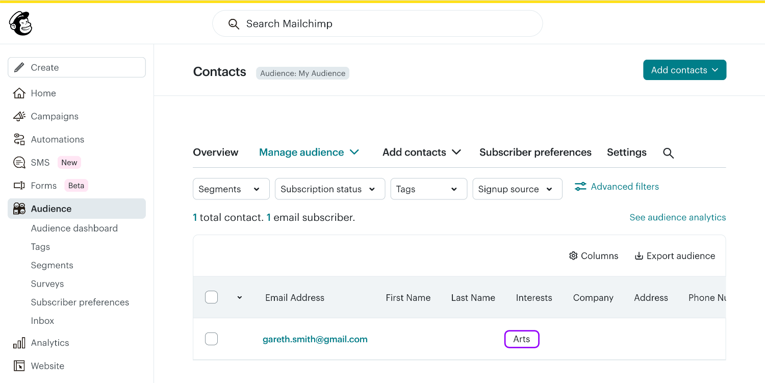 Viewing the new Mailchimp subscriber status displaying their group of 'Arts'