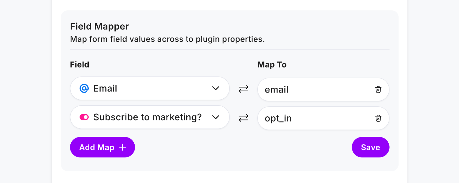 Adding the value 'opt_in' to our Yes/No field inside the Mailchimp Plugin's Field Mapper